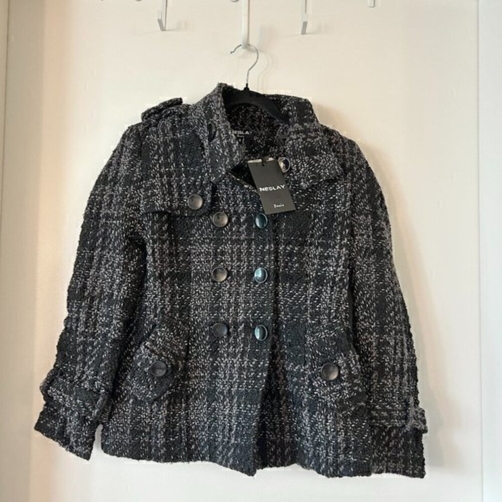 Neslay Paris Black Metallic Tweed Double Breast Peacoat Size S NWT